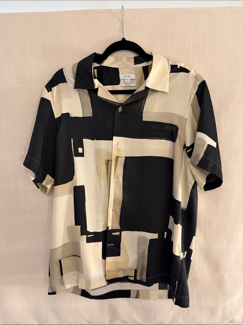 Reiss Abstract Block Print Short-Sleeve Shirt in Black and Cream